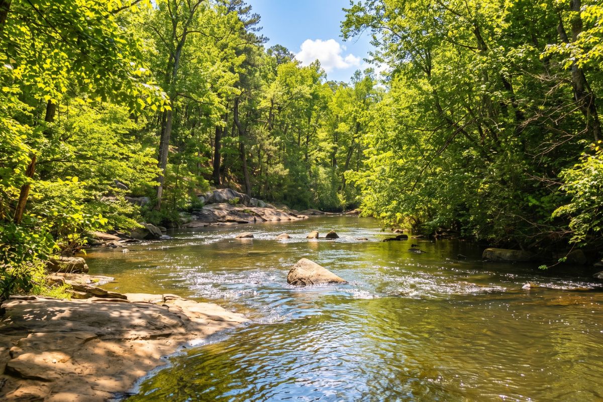 Rocky creek and wooded hiking trail at Line Creek Nature Area in Peachtree City, Georgia