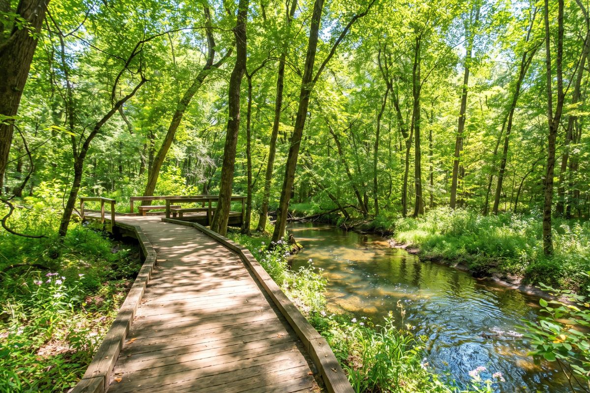 Wooded boardwalk and wetland scenery at Flat Creek Nature Area in Peachtree City, Georgia