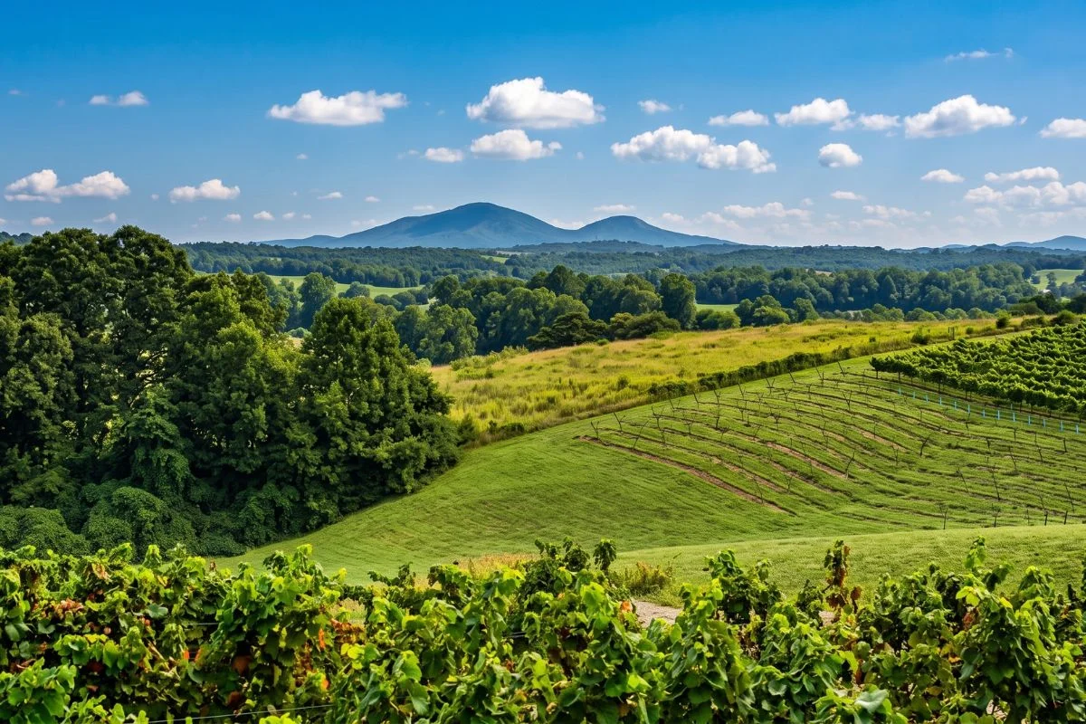 Vine rows on a high Dahlonega ridge with Blue Ridge mountain views