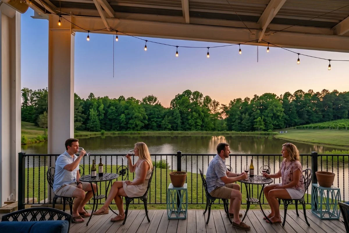 Rustic Dahlonega winery tasting room with local art and vineyard views