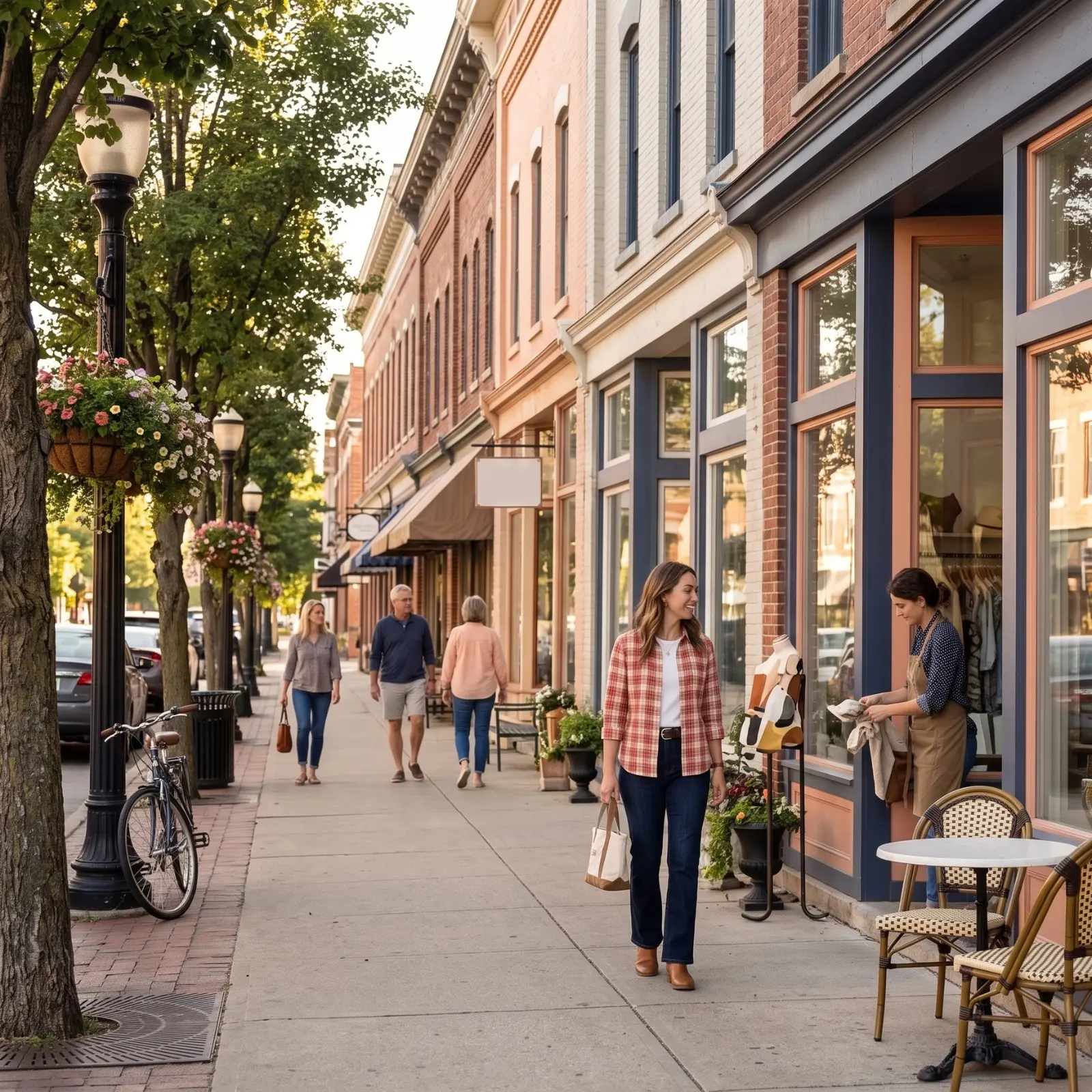 A colorful small-town main street with local storefronts